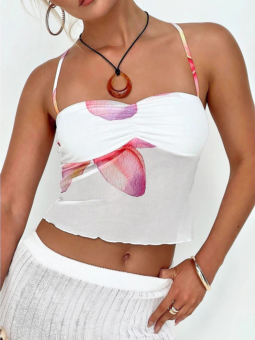 Princess Polly Floral Ruched Crop Top in White & Pink